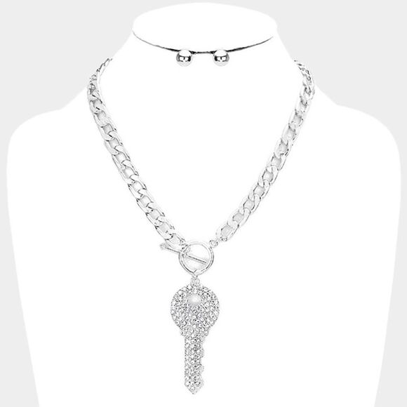 Rhinestone Embellished Key Silver Necklace Set - Picture 1 of 7